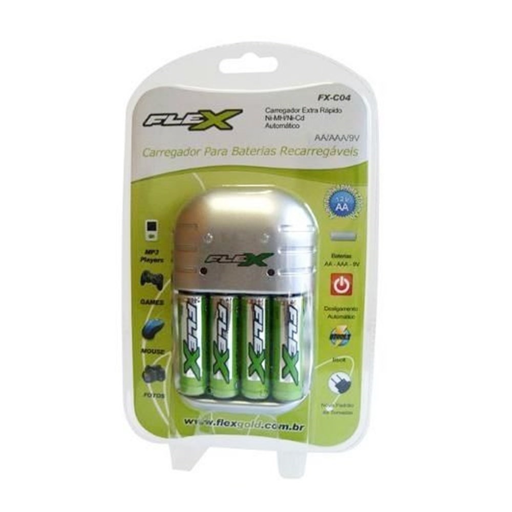 CARREGADOR PARA PILHAS 4AA/AAA OU 2 BATERIA 9V FLEX COM 4AA FX-C03/4P