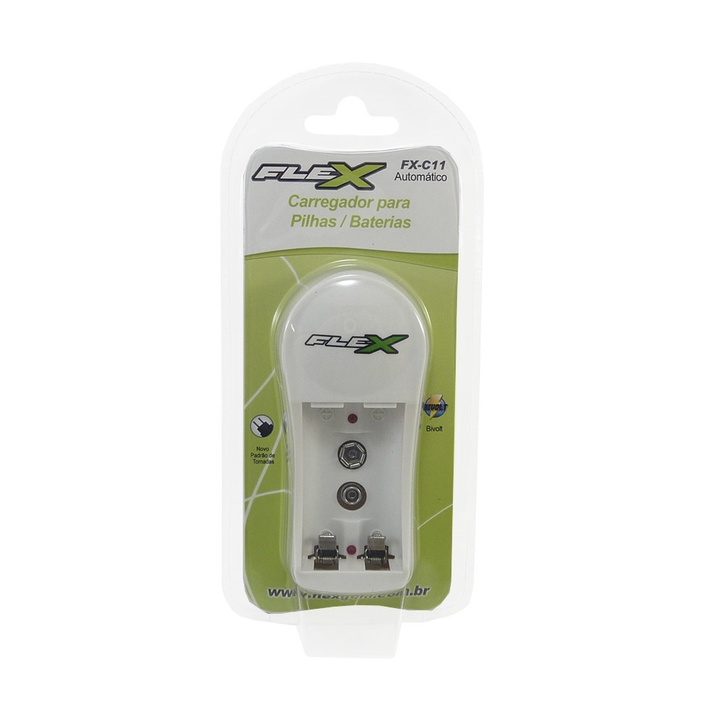 CARREGADOR PARA PILHAS 2AA/AAA OU 1 BATERIA 9V FLEX BIVOLT FX. C.11